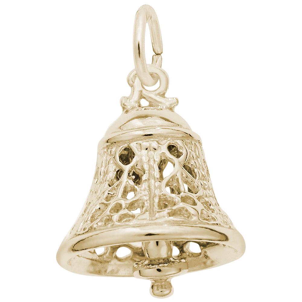 Introducing the Rembrandt Charms 'Filigree Bell 3D Charm' in gold-plated sterling silver. This charm showcases a delicate, intricate design with a small, round loop at the top for easy attachment to a bracelet or necklace. The detailed craftsmanship highlights an elegant, lacy pattern reminiscent of fine sterling silver.