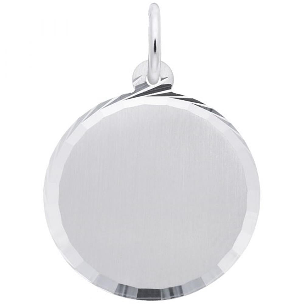 A close-up image of a Round Disc Charm / Sterling Silver by Rembrandt Charms. The charm features a beveled edge and an attached ring at the top for threading onto a necklace or chain, displaying a smooth, dia-cut surface.
