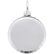 A close-up image of a Round Disc Charm / Sterling Silver by Rembrandt Charms. The charm features a beveled edge and an attached ring at the top for threading onto a necklace or chain, displaying a smooth, dia-cut surface.
