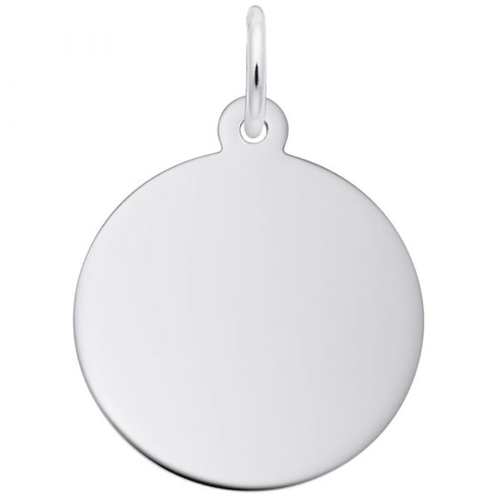 The Engravable Large Disc by Rembrandt Charms is a medium-thickness, sterling silver charm featuring a shiny, round design with a smooth, reflective surface and a small loop at the top for attaching to a necklace or chain.