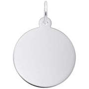 The Engravable Large Disc by Rembrandt Charms is a medium-thickness, sterling silver charm featuring a shiny, round design with a smooth, reflective surface and a small loop at the top for attaching to a necklace or chain.