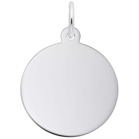 The Engravable Large Disc by Rembrandt Charms is a medium-thickness, sterling silver charm featuring a shiny, round design with a smooth, reflective surface and a small loop at the top for attaching to a necklace or chain.