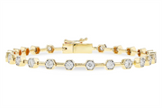 The Allison Kaufman Diamonds 14K Gold Tennis Bracelet features an elegant continuous pattern of hexagonal settings, each holding a sparkling diamond, reminiscent of a classic design.