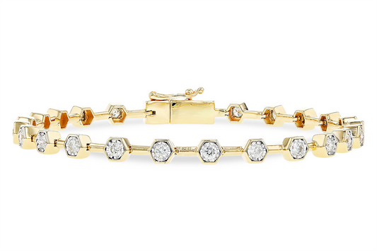 The Allison Kaufman Diamonds 14K Gold Tennis Bracelet features an elegant continuous pattern of hexagonal settings, each holding a sparkling diamond, reminiscent of a classic design.