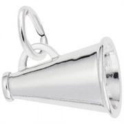 The Rembrandt Charms Megaphone Charm - Sterling Silver is designed as a megaphone and boasts a smooth finish. It includes a small ring at the top, making it easy to attach to bracelets or necklaces. The charm features a detailed flared opening and a handle-like structure for added realism.