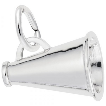 The Rembrandt Charms Megaphone Charm - Sterling Silver is designed as a megaphone and boasts a smooth finish. It includes a small ring at the top, making it easy to attach to bracelets or necklaces. The charm features a detailed flared opening and a handle-like structure for added realism.