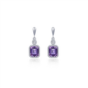 Lafonn’s AMETHYST FEB B STONE EARRINGS feature square-cut purple amethysts surrounded by clear stones, topped with a round clear stone—ideal February birthstone earrings, shown on a white background.