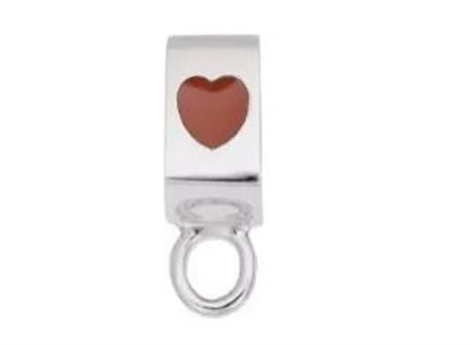 The Rembrandt Charms Heart Flat Front Charm Adapter in sterling silver features a heart-shaped cutout near the top and a circular loop at the bottom. The cutout reveals a solid red color inside the charm, adding a touch of elegance. This Charmdrop is isolated on a white background, perfectly highlighting its intricate details.
