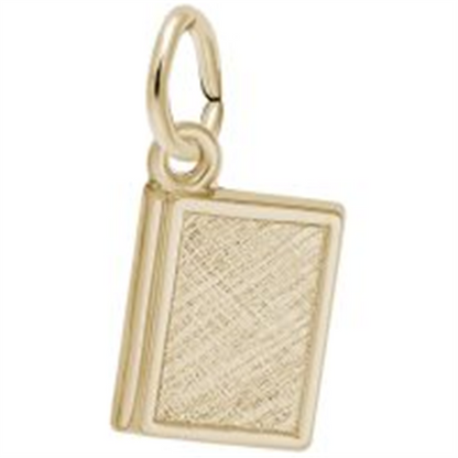 Rembrandt Charms' Book Charm- Gold Plated features a textured book-shaped design with an engravable cover and a small loop at the top for easy attachment to a bracelet or necklace—making it a unique literary keepsake and the perfect personalized book jewelry piece.