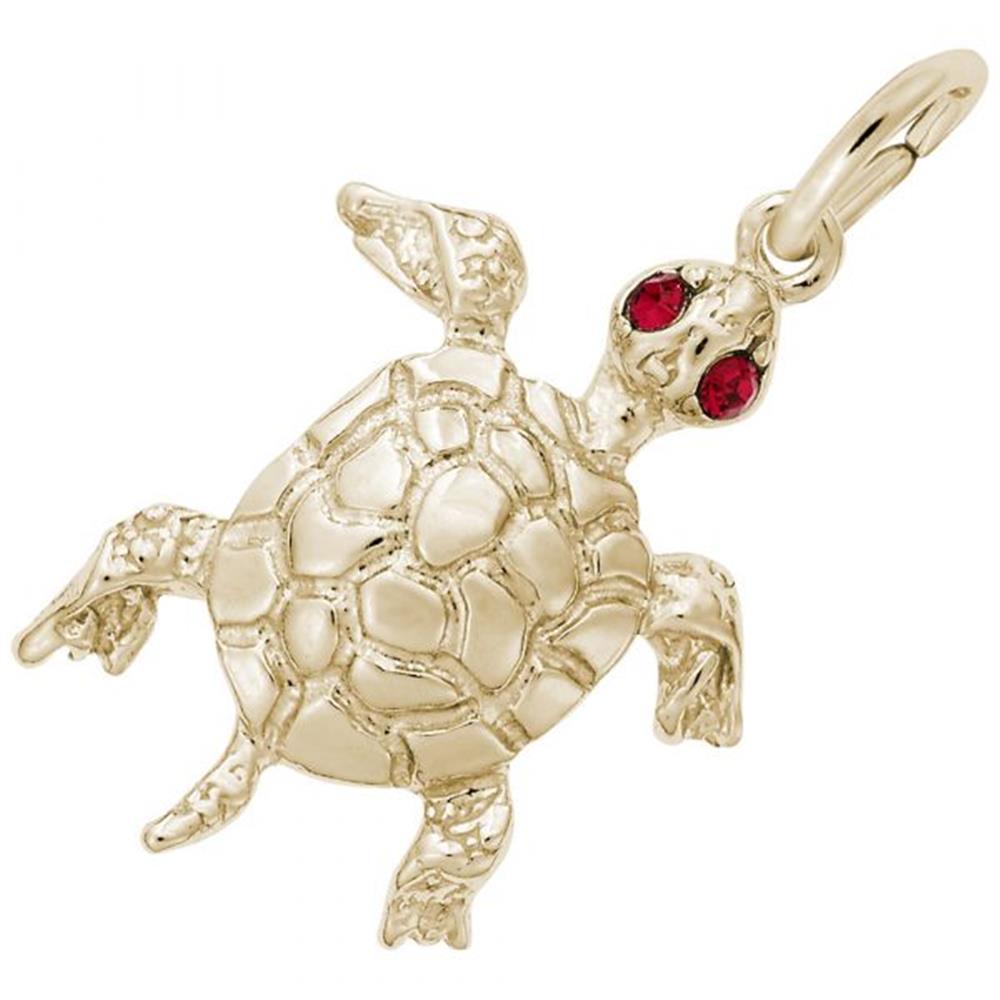 The Turtle With Stones Charm from Rembrandt Charms is a gold-plated sterling silver piece featuring a detailed shell and flippers, two small red gemstone eyes, and an attachment ring at the top.