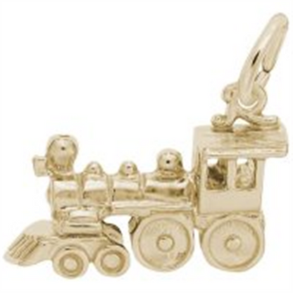 The Rembrandt Charms Train Engine Charm - Gold Plated features a beautifully detailed locomotive design with three wheels, a smokestack, and a small front grill. Complete with a convenient loop for attaching to your favorite bracelet or necklace, this charm is the perfect travel accessory for adventurous spirits.