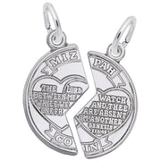 The Mizpah Charm from Rembrandt Charms, crafted in sterling silver, comes as two separate pieces. Each half of the charm features an engraved heart and a biblical verse. The left side is inscribed with "The Lord watch between me and thee when we are absent one from another," while the right side displays "Genesis XXX1:49.