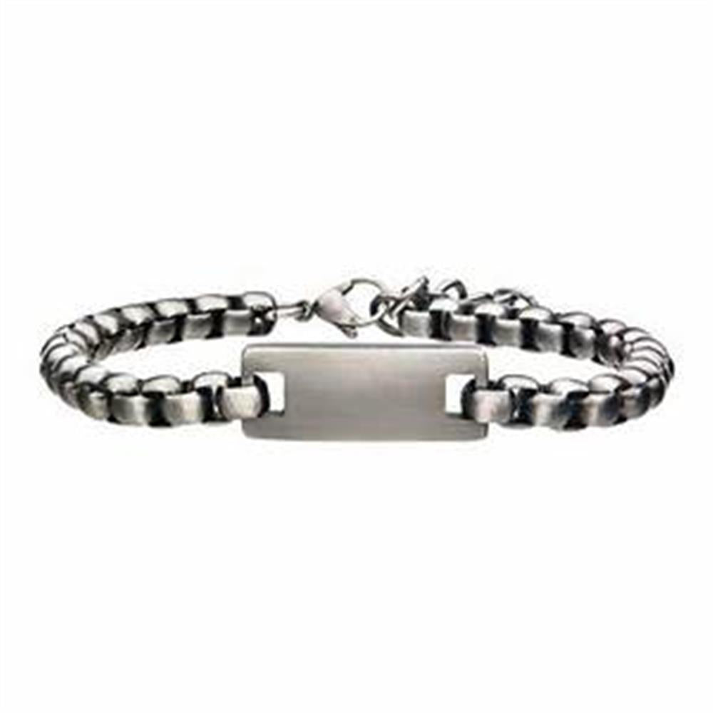 Introducing the INOX Men's Stainless Steel with Antique White Bronze ID Bracelet, an 8-inch accessory featuring a rectangular, flat plate in the center. The silver chain is composed of rounded, interlocking links and secured with a lobster clasp. The blank plate offers ample space for potential engraving.