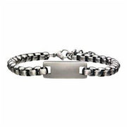 Introducing the INOX Men's Stainless Steel with Antique White Bronze ID Bracelet, an 8-inch accessory featuring a rectangular, flat plate in the center. The silver chain is composed of rounded, interlocking links and secured with a lobster clasp. The blank plate offers ample space for potential engraving.