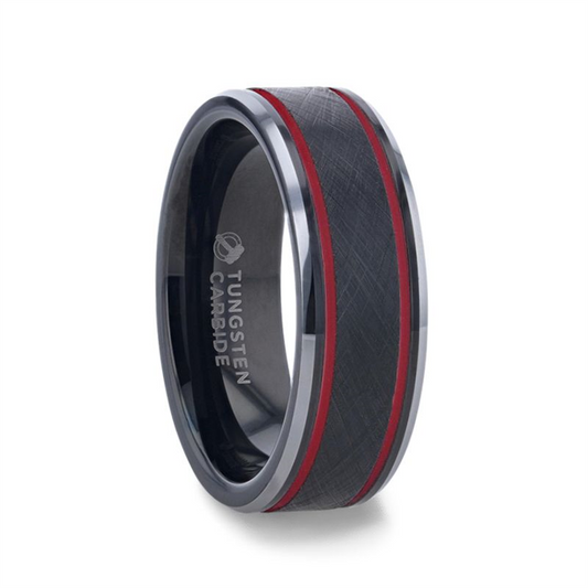 OLIS Black Tungsten Men's Wedding Band With Double Red Stripe, 8mm