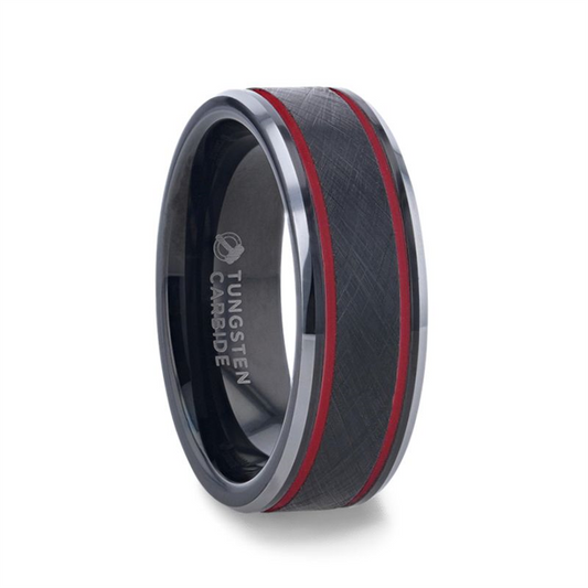 Introducing the Thorsten OLIS Black Tungsten Men's Wedding Band: an exquisite 8mm ring featuring a matte textured finish, double red stripes along the edges, and a polished inner surface. The words "Tungsten Carbide" are elegantly engraved inside for added sophistication.
