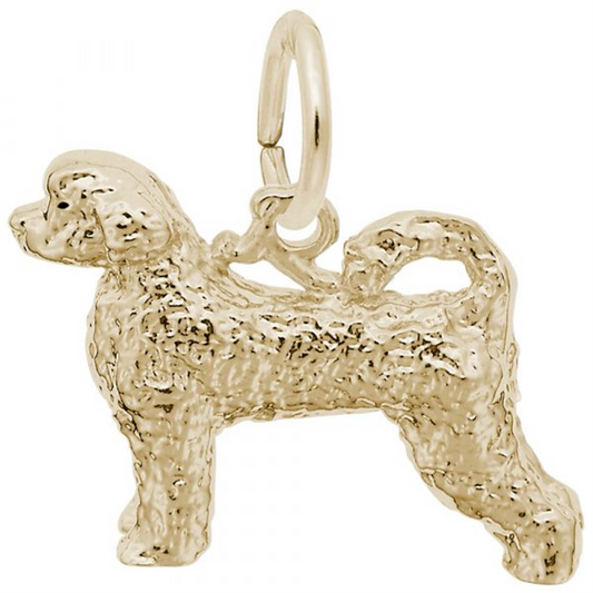 The Portuguese Water Dog Charm-GP by Rembrandt Charms features a detailed, textured design of a standing Portuguese Water Dog, complete with a curled tail and facing left. This charming gold pendant has a loop attachment at the top for easy addition to any chain or bracelet, making it perfect for any collection.