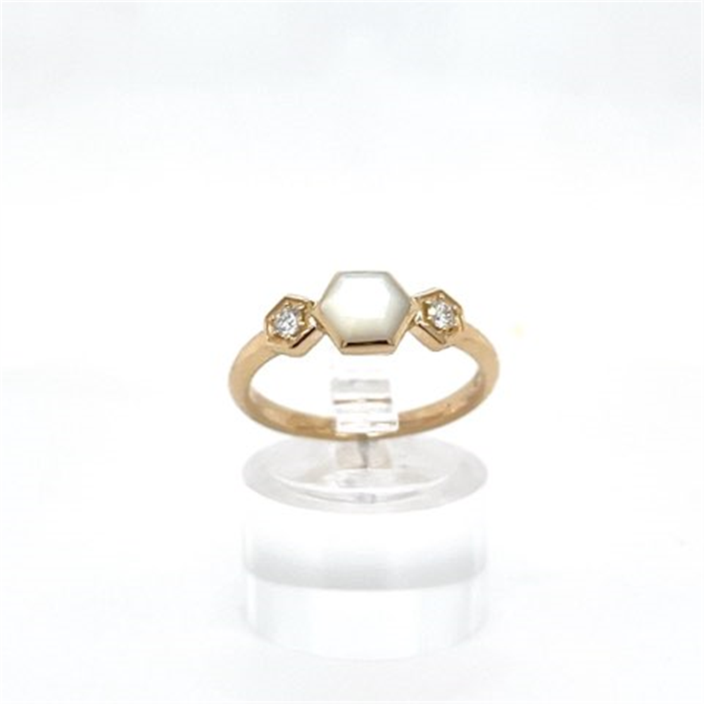 Kabana 14K gold ring with a hexagonal white MOP honeycomb center and two round diamonds, displayed on a clear stand against a white background. Size 7.5.