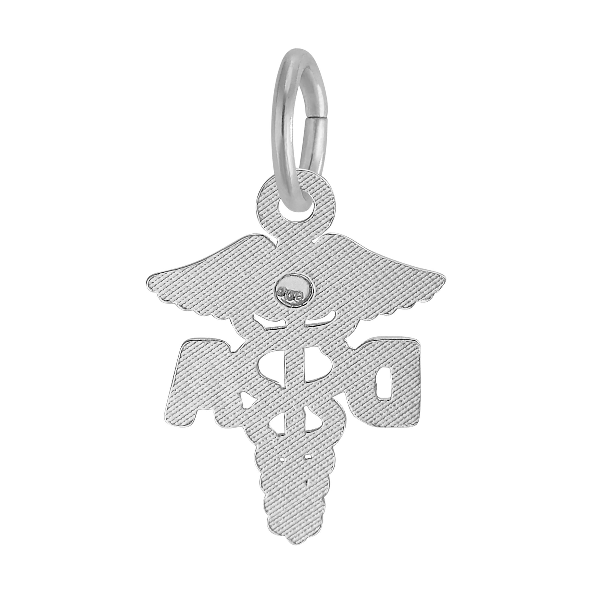 The Dental Asst Charm- Sterling Silver by Rembrandt Charms is a stylish pendant shaped like a caduceus with two wings, a central staff, and two intertwined serpents—an elegant piece of jewelry that beautifully represents medicine and healthcare, making it a thoughtful gift for any dental assistant.