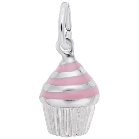 The Swirl Cupcake Charm in Sterling Silver by Rembrandt Charms showcases a pink and white striped frosting design and includes a loop for easy attachment to your preferred bracelet or necklace. As part of the exquisite Rembrandt Charms collection, it makes a charming addition to any jewelry ensemble.