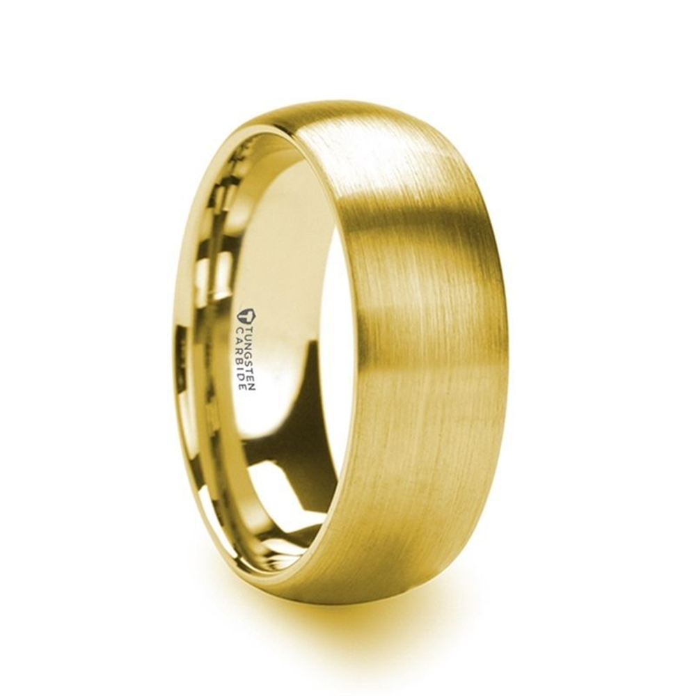 The MILLER Gold Plated Tungsten Domed Ring with Brushed Finish by Thorsten is an 8mm polished, gold-colored tungsten carbide ring featuring a smooth, slightly domed design and an inner engraving.