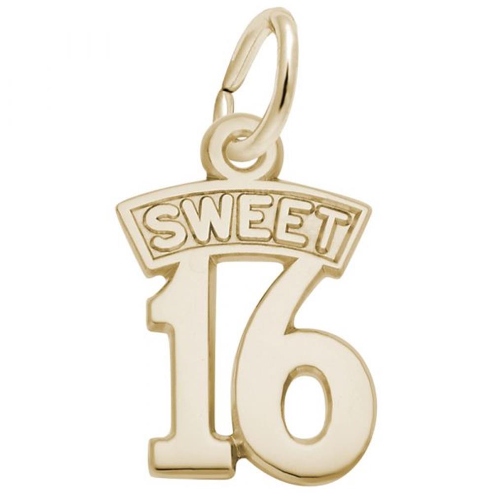 A Rembrandt Charms "Sweet 16" pendant, made of gold-plated sterling silver, features the word "Sweet" inscribed in an arch shape above the number "16" in block letters. Designed with a looping clasp at the top, it can be easily attached to a necklace or bracelet.