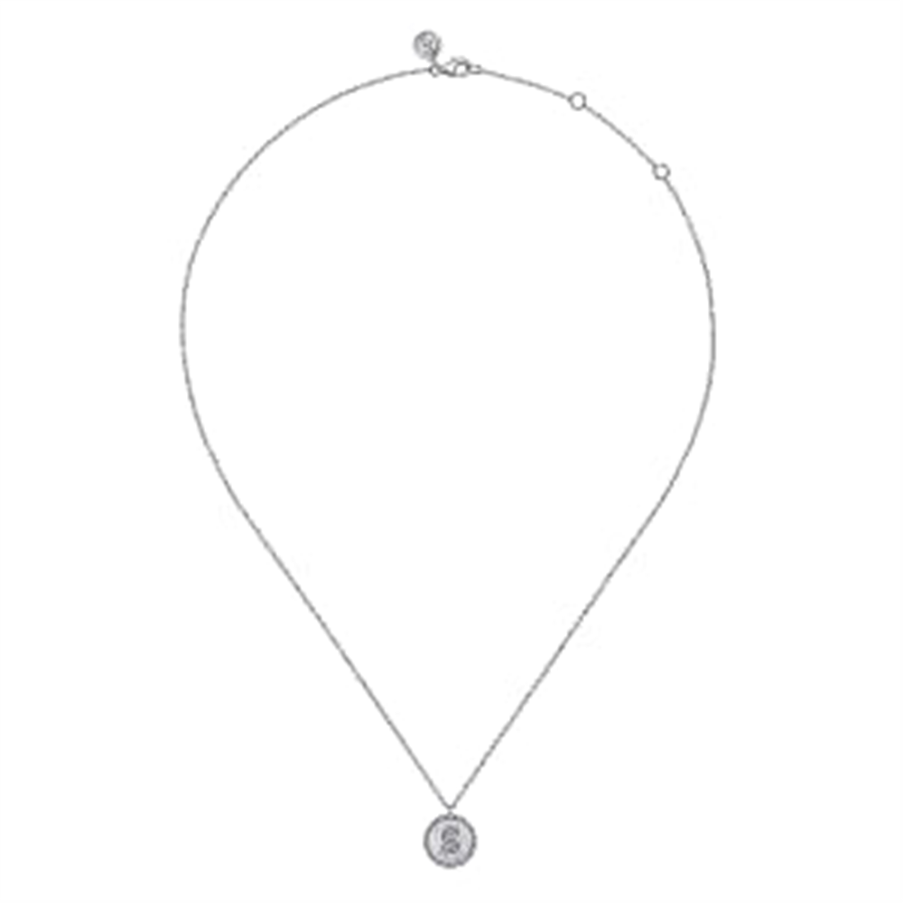 Introducing the 925 Sterling Silver Diamond Bujukan Initial S Necklace by Gabriel & Co. This delicate necklace features a thin chain adorned with small, spaced beads and has a detailed circular pendant at the center. The elegant piece, part of the Bujukan Collection, is beautifully displayed against a white background.