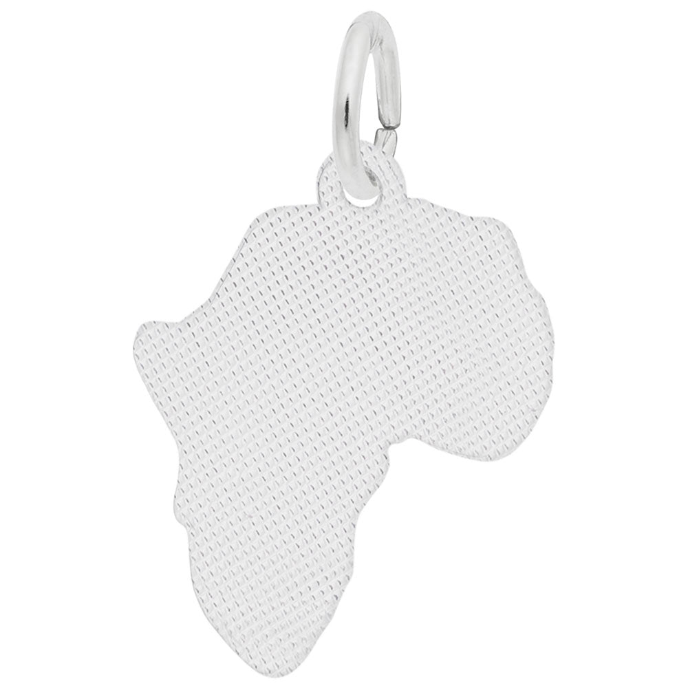 The Africa Map Charm by Rembrandt Charms is a sterling silver pendant in the shape of the African continent, featuring a textured surface and a small loop at the top for attaching to a necklace or bracelet. This unique piece is perfect for those who love distinctive Rembrandt Charms designs.