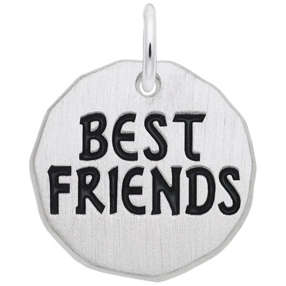 The Rembrandt Charms Best Friends Tag Charm is crafted from sterling silver in a round shape, featuring engraved black letters that spell "BEST FRIENDS." Designed with a small loop at the top, this charm is ideal for adding to a necklace or keychain, making it a meaningful piece of friendship jewelry.