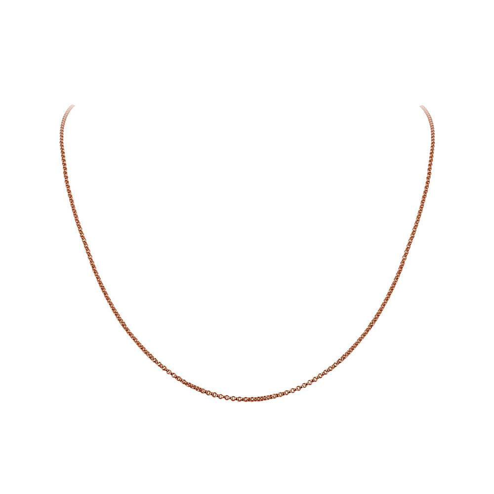 A delicate, thin Lafonn Sterling Silver Chain in rose gold with small, round links is showcased against a white background. Measuring 20", the unadorned necklace exhibits its elegant and minimalist design, making it a perfect addition to any jewelry collection.