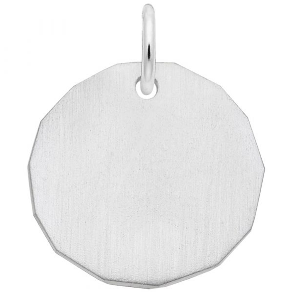 The Plain Tag Charm by Rembrandt Charms is a sterling silver, flat, round pendant with smooth edges and a small loop at the top for attaching to a chain. The surface of this simple and minimalist charm appears slightly textured.