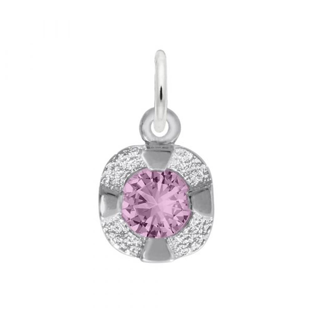 The Petite Birthstone - Feb Charm by Rembrandt Charms is a sterling silver pendant featuring a central sparkling pink birthstone, surrounded by an intricately textured silver design and a round loop at the top, giving it a delicate and elegant appearance.