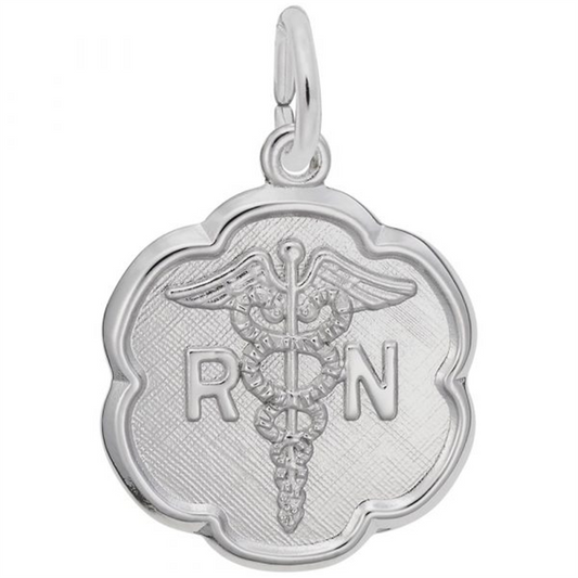A round sterling silver "Registered Nurse Charm" from Rembrandt Charms, featuring a textured background and an ornate border with the caduceus symbol—two snakes winding around a winged staff—flanked by the letters "R N" to signify registered nurse.