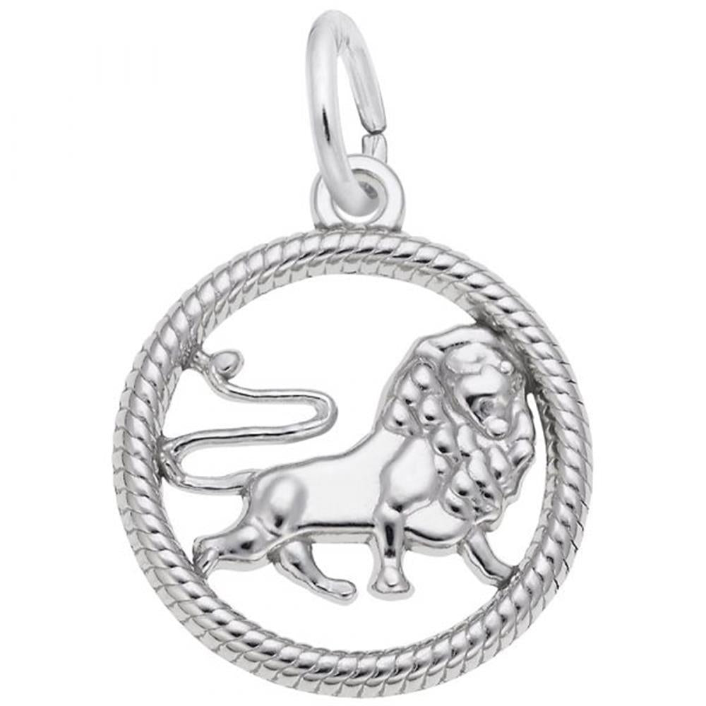 Introducing the Leo Charm / Sterling Silver by Rembrandt Charms. This exquisite round pendant showcases a detailed lion design at its center, encircled by a circular border with a distinctive rope-like texture. A small loop at the top allows for easy attachment to any chain. Ideal for representing the Leo Zodiac sign, this charm features a proud lion in a walking stance.