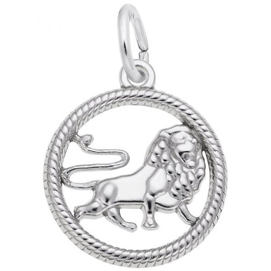 Introducing the Leo Charm / Sterling Silver by Rembrandt Charms. This exquisite round pendant showcases a detailed lion design at its center, encircled by a circular border with a distinctive rope-like texture. A small loop at the top allows for easy attachment to any chain. Ideal for representing the Leo Zodiac sign, this charm features a proud lion in a walking stance.