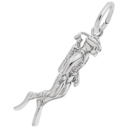 The Scuba Diver Charm in Sterling Silver by Rembrandt Charms is a beautifully crafted piece, featuring detailed gear including flippers, an oxygen tank, and a mask. This intricate charm hangs elegantly from a circular loop.