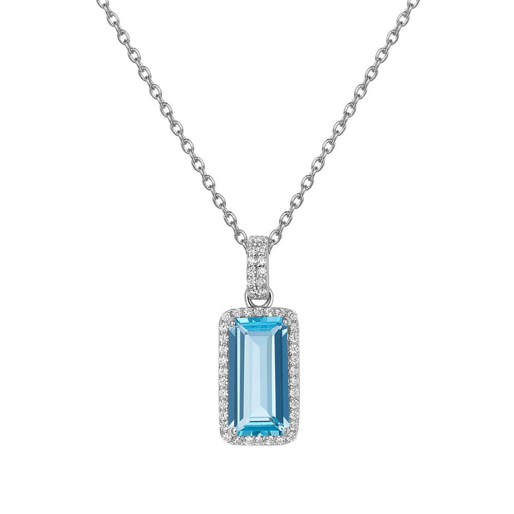 The Blue Topaz Halo Necklace by Lafonn features a sterling silver pendant with a rectangular blue topaz centerpiece, encircled by small, sparkling simulated diamonds. The pendant is suspended from a delicate silver chain, presenting a timeless and elegant design.
