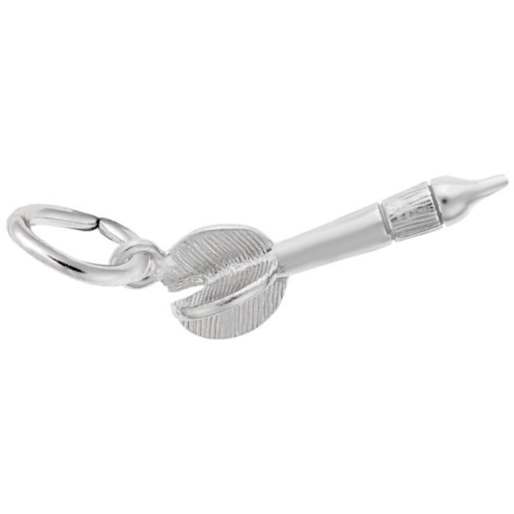 Introducing the Dart Small Charm by Rembrandt Charms, crafted from sterling silver. This exquisite charm is shaped like a dart and features intricate details, including fins at the back end and a closed loop on the front for easy attachment to jewelry. Add a touch of sophistication to any piece with this elegant accent charm.