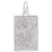 A detailed image of the Sterling Silver Mahjong Tile Charm by Rembrandt Charms. This charm features an intricately detailed Mahjong tile, measuring 0.48 inches by 0.62 inches (12.14 mm by 15.87 mm). The charm has a polished sterling silver finish, perfect for adding a touch of gaming tradition to any charm bracelet or necklace. Style number 2648.