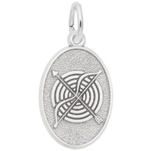 'Sterling silver oval disc charm featuring a bow and arrow over a target design. Style 3477, 0.52 in x 0.73 in (13.24 mm x 18.51 mm).'