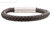 The 8mm Brown Genuine Leather Bracelet by INOX features a braided design and a stainless steel magnetic clasp, creating a sleek, modern accessory for men.