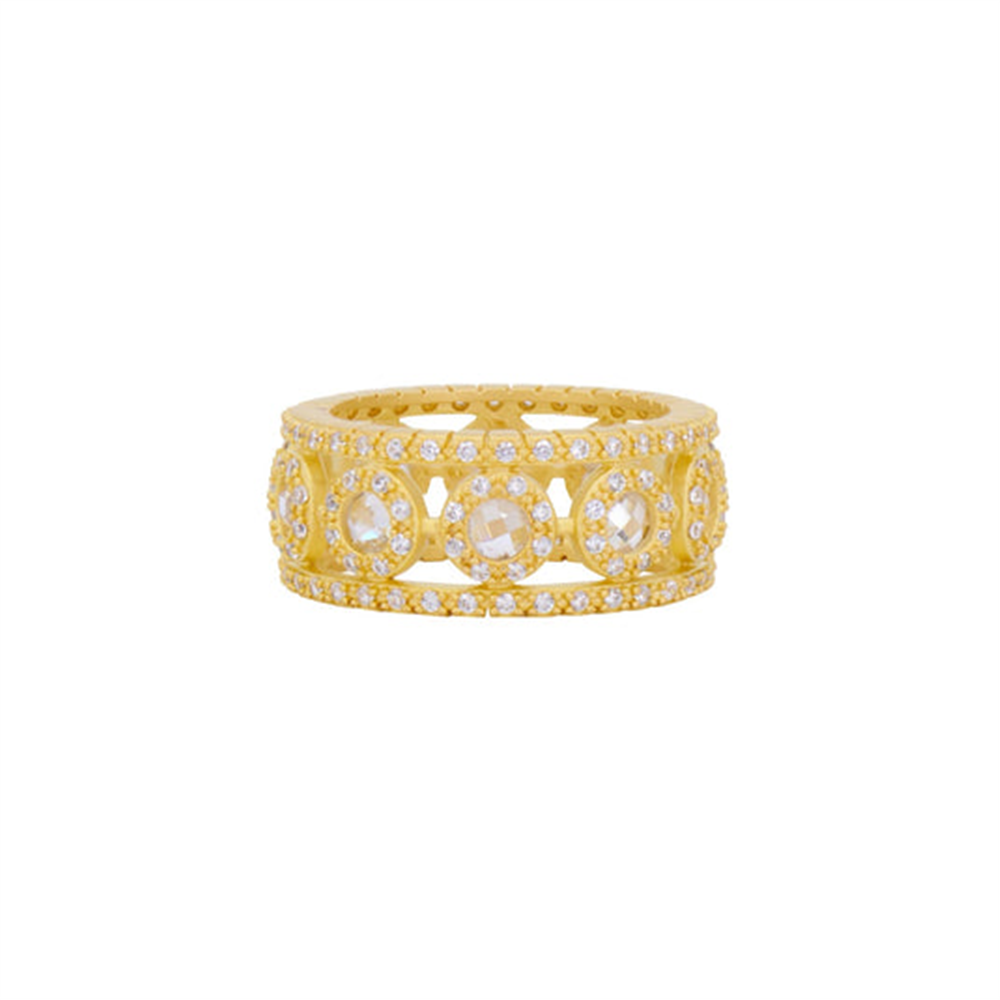 The Freida Rothman Kaleidoscope Cutout Cigar Band Ring (size 7) features intricate circular cutout designs and multiple small lab-created diamond simulants in matte gold, displayed on a plain white background.