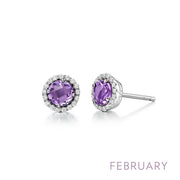 The February Amethyst Birthstone Earrings by Lafonn, featuring round amethyst gemstones encircled by small white diamonds, are displayed against a white background. The word "FEBRUARY" is written in light purple text in the bottom right corner, highlighting this exquisite piece of birthstone jewelry.