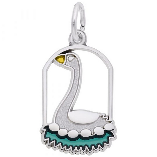 The Rembrandt Charms' Six Geese A Laying Charm, crafted from sterling silver, showcases a swan with a yellow beak and a green base. This elegant piece is set within an arch-shaped frame and features intricate detailing with a small loop at the top for attachment to a bracelet or necklace, making it an exquisite addition to any jewelry collection.