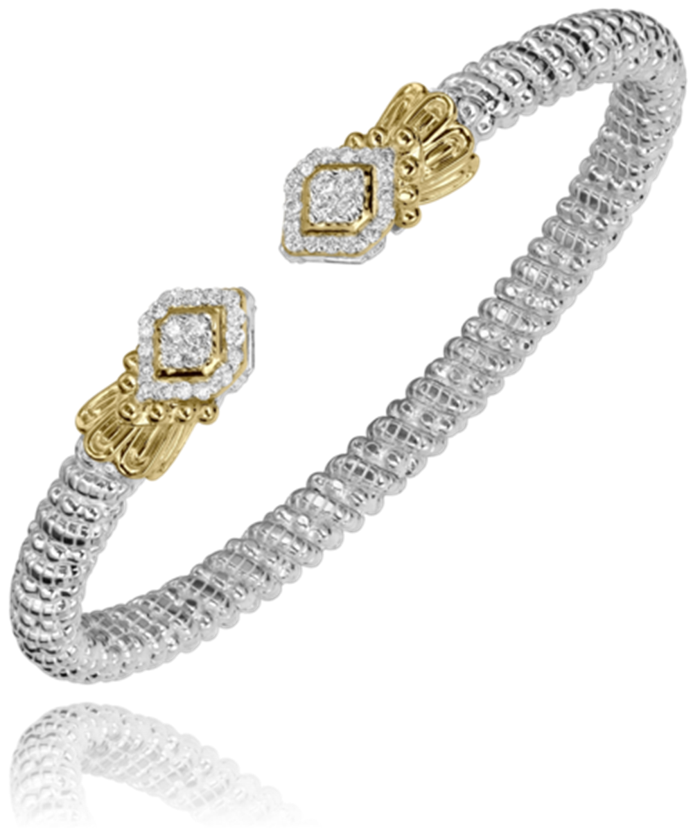 An Alwand Vahan Jewelry bracelet crafted from 14k gold and sterling silver features intricate beading and a flexible 4 mm band design. It includes two ornate clasps facing each other, each adorned with diamond-shaped embellishments accented with 0.32 carats of small, sparkling stones.