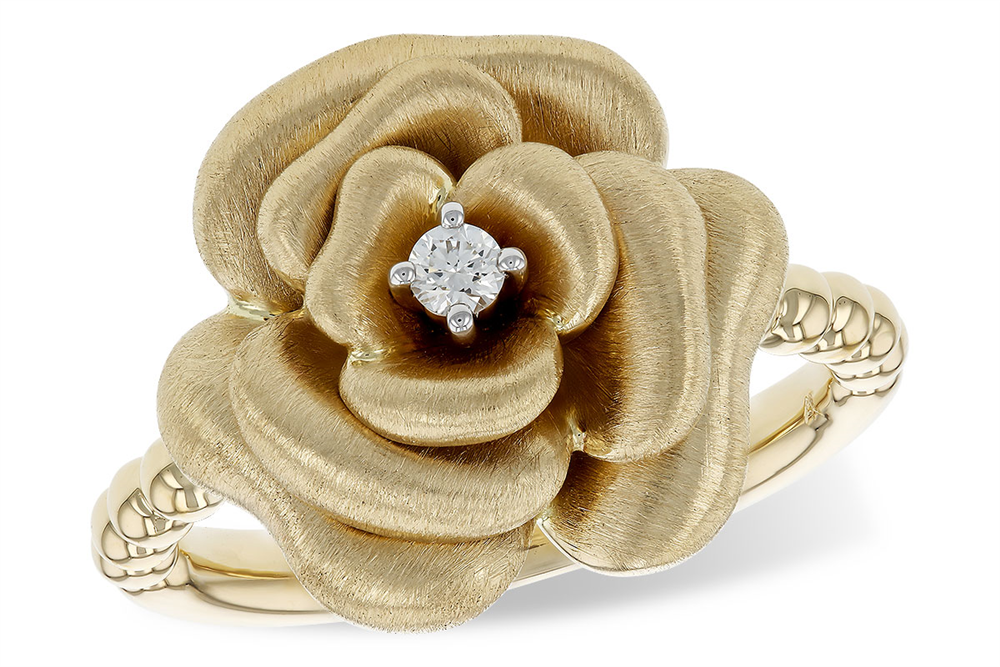 The Allison Kaufman 14k Yellow Gold Rose Ring showcases a beautifully textured rose-shaped design with a single round diamond at its center, all set on an intricately detailed gold band.