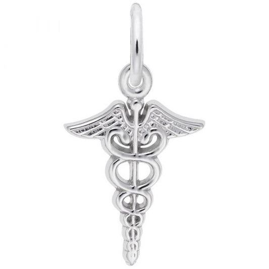 The Rembrandt Charms Caduceus Charm in sterling silver features a pendant with two intertwined serpents surrounding a winged staff, completed with a small loop at the top for easy attachment to a chain or necklace.