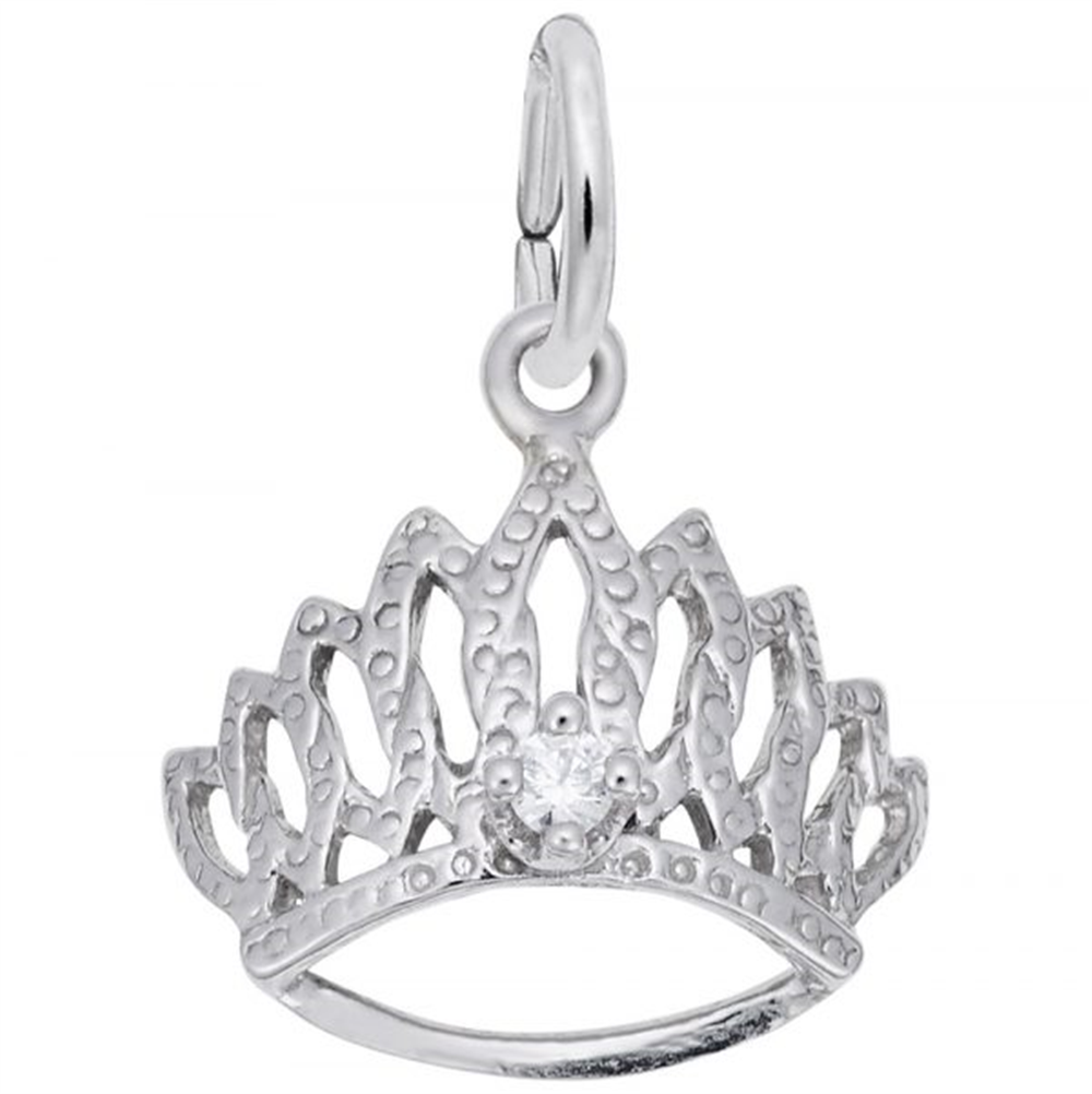 Inspired by a crown, the Tiara With Birthstone Charm (April) by Rembrandt Charms is crafted in sterling silver and features elegant cut-out details, a sparkling central gemstone for April, and a convenient loop for attachment—making it an ideal birthday gift.