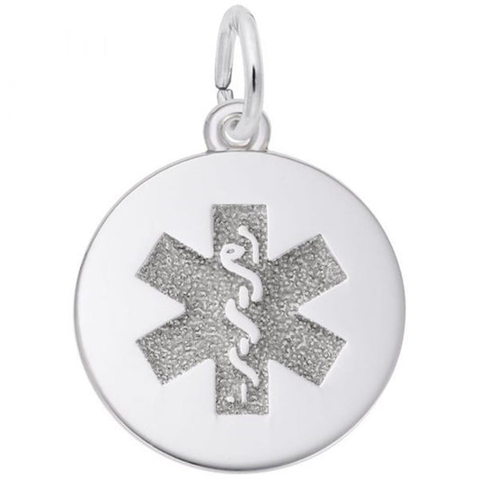 The Rembrandt Charms Medical Symbol Charm in sterling silver is a round medical alert pendant featuring a polished surface. At its center is a raised Star of Life symbol with an embossed Rod of Asclepius (a snake wrapped around a staff) within the star. A small loop is attached at the top for easy attachment to a chain or cord.
