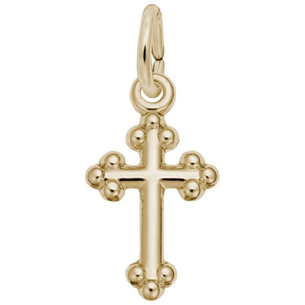 This Gold Cross Charm by Rembrandt Charms features a small, elegant cross crafted from 14K yellow gold. Its rounded edges and decorative spherical accents at each end of the cross sections add sophistication, while a loop at the top allows for easy attachment to a chain or bracelet, making it an exquisite piece of spiritual jewelry.